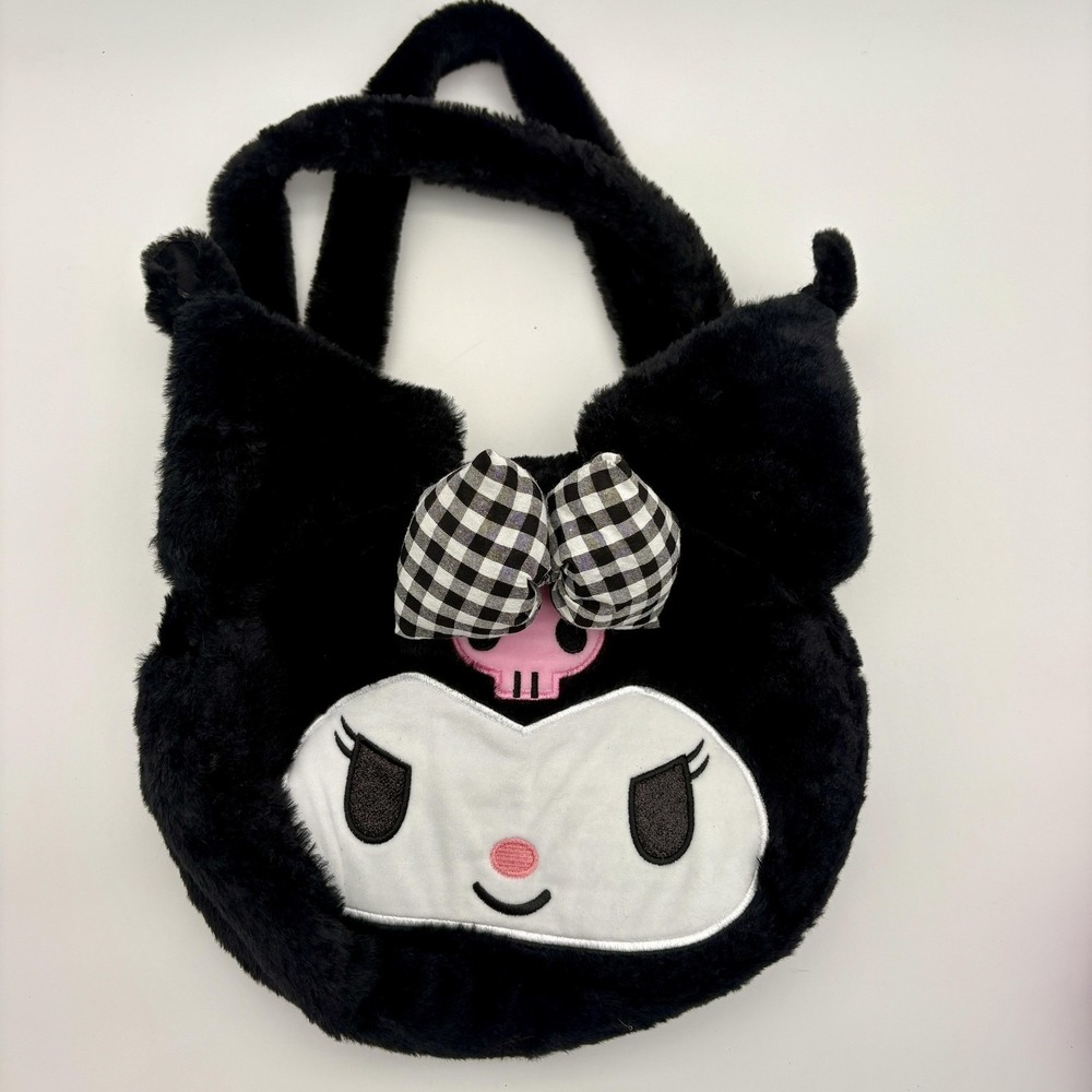 Kuromi Shoulder Bag Womens Small Black Faux Fur Character Purse Zip Tote Cute‎